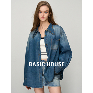 Basic House/百家好水洗牛仔衬衫女2024春季新款廓形显瘦牛仔外套