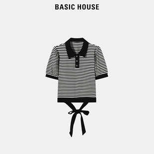 Basic House/百家好条纹小众设计感短袖T恤别致后背绑带上衣POLO