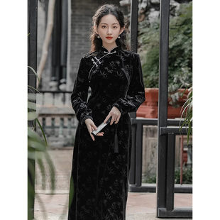 新中式国风旗袍气质黑色丝绒长袖连衣裙女夏季新款高级感优雅显瘦