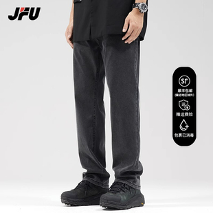 JFU夏季薄款直筒黑色牛仔裤男宽松直筒美式高街阔腿裤休闲长裤子
