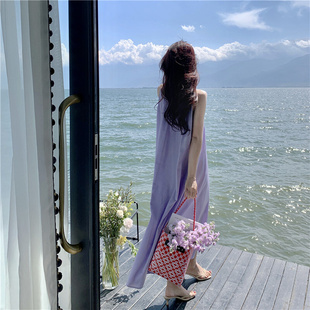 高货高级感长裙子紫色吊带裙沙滩裙海边度假连衣裙女夏季三亚旅行