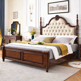 美式1.8米双人床现代简约欧式别墅高端主卧罗马柱雕花轻奢实木床