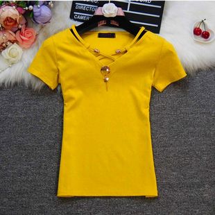 95棉夏季半袖性感女装V领黄色韩版百搭纯色上衣t恤女短袖修身显瘦