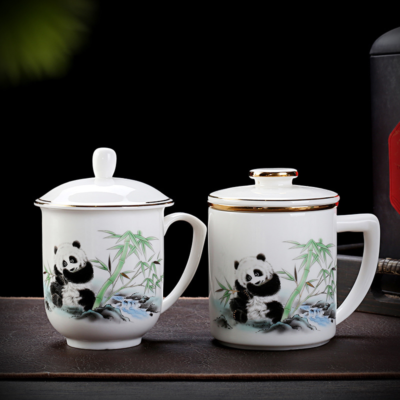 熊猫主题茶杯陶瓷三件套水杯办公杯会议杯羊脂玉水杯茶水分离杯子