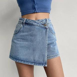 高腰a字牛仔短裤女2023夏季新款浅色假两件设计气质显瘦辣妹裙裤