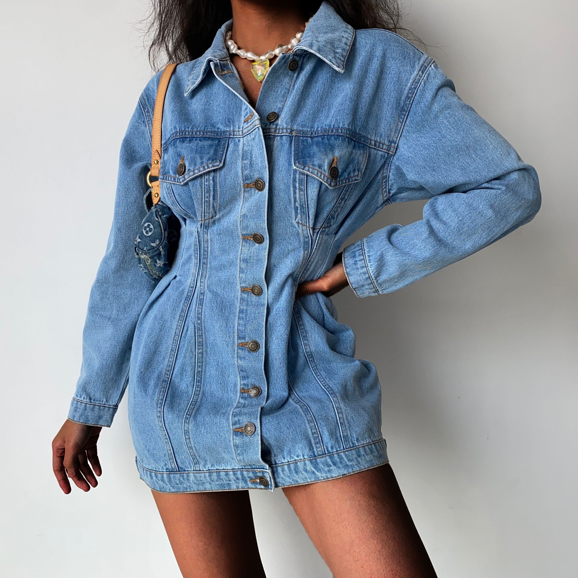 牛仔短裙修身长袖中长款夹克外套 Denim skirt mid-length jacket