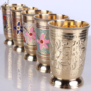 巴基斯坦铜器手工雕花漆彩实心纯黄铜家用红白酒杯茶杯铜茶具酒具