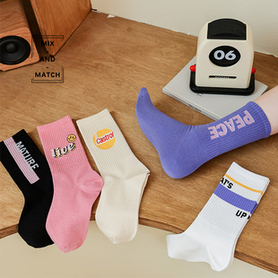 【五双装】-袜子-中筒ins潮四季韩日系可爱卡通字母运动外穿高腰