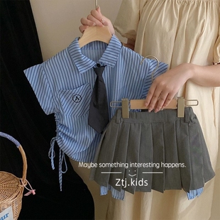 灰色百褶裙女童夏款套装2024新款儿童短袖衬衫两件套女宝洋气时髦