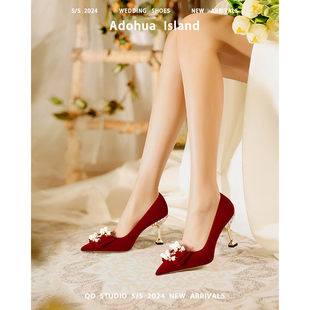 结婚鞋女2024新款新娘鞋红色绝美婚宴高跟鞋不累脚孕妇敬酒秀禾鞋