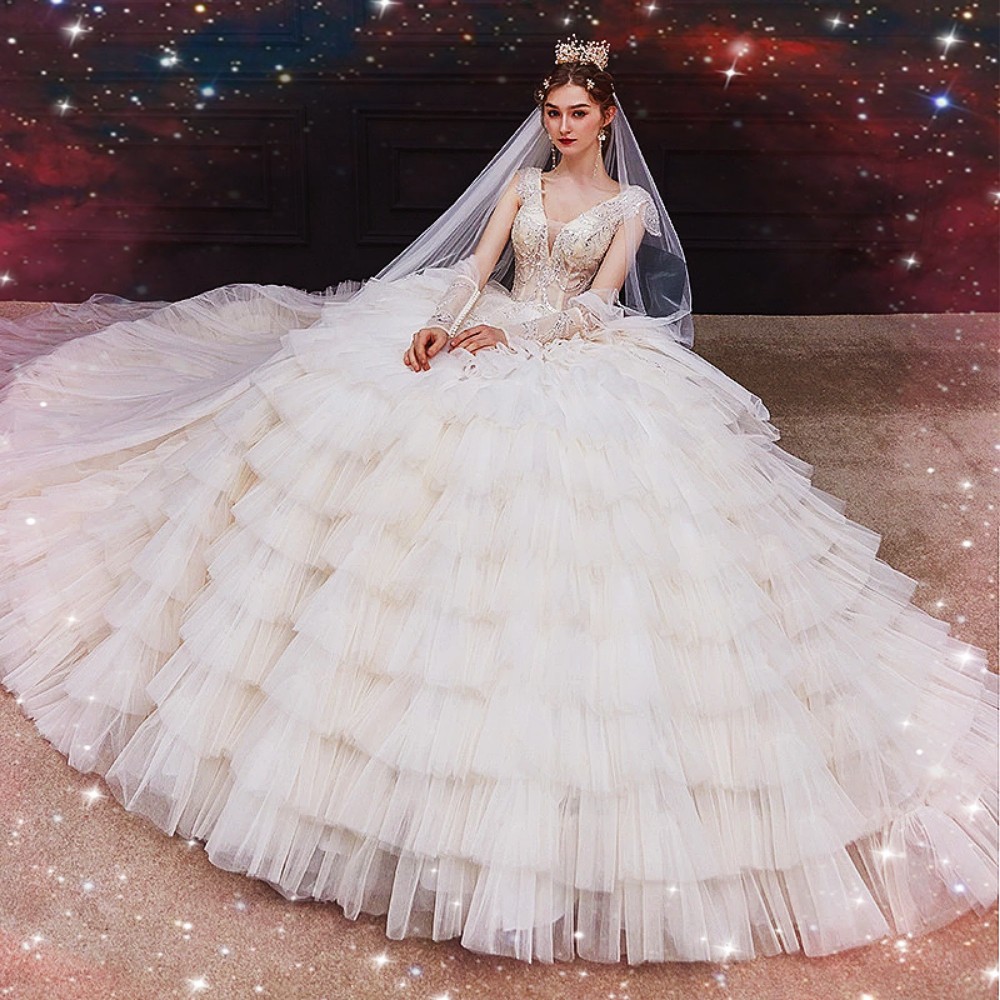 主婚纱新娘2020新款森系超仙梦幻公主蓬蓬遮肚显瘦结婚长拖尾礼服