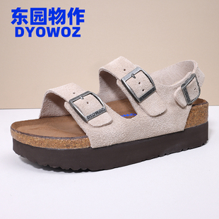 DYOWOZ/东园物作勃肯软木凉鞋女厚底增高日系百搭真皮一字带凉鞋