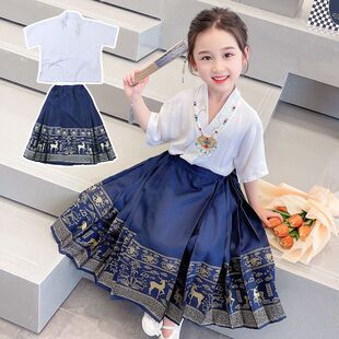 2024女童汉服裙子夏款短袖薄款马面裙儿童中国风刺绣斜衣两件套装
