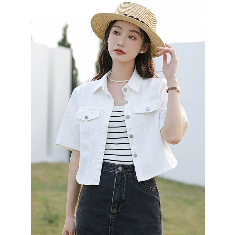 纯小伊白色牛仔短袖衬衫外套女夏季2023新款宽松夹克小众短款上衣