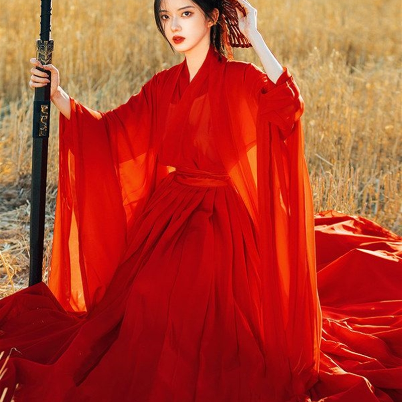 汉服女红色武侠古装仙气古风广袖流仙裙交领超仙霸气酷