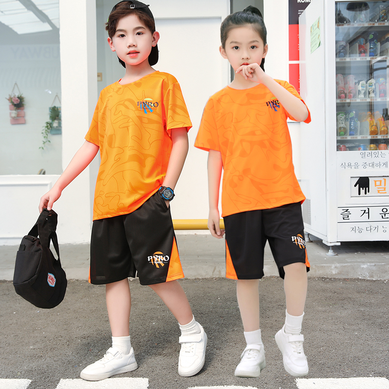 儿童运动速干衣套装夏季宝宝橙色短袖中大童篮球服外穿居家两件套