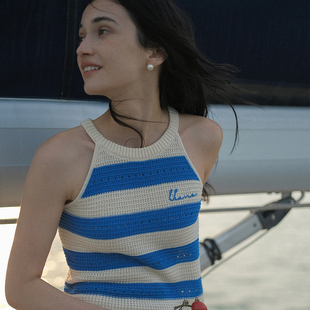 削肩条纹蓝色针织吊带女夏季2024新款外穿甜美独特别致贴身小背心