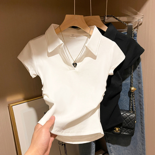 短袖T恤女2024年夏季白色polo领翻领上衣短款收腰修身休闲设计感