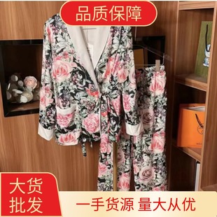 女款家居服春夏网红爆款时尚金丝绒和服风长袖长裤睡衣套装女