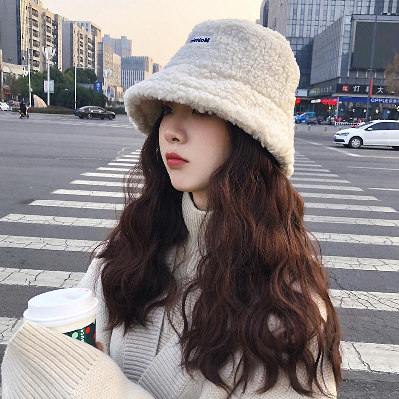 帽子假发一体女秋冬戴帽子的带帽子时尚连帽羊羔毛绒渔夫帽长发