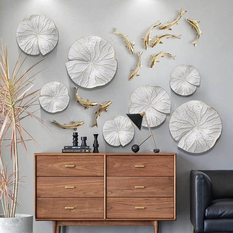 客厅墙面装饰品新中式电视背景墙挂件轻奢餐厅鱼壁饰玄关荷叶挂饰