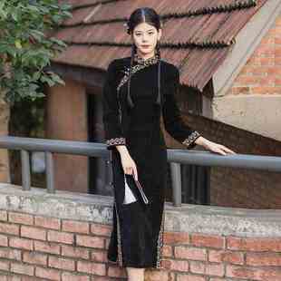 黑色旗袍新款高端气质年轻款修身显瘦小个子改良连衣裙秋冬季