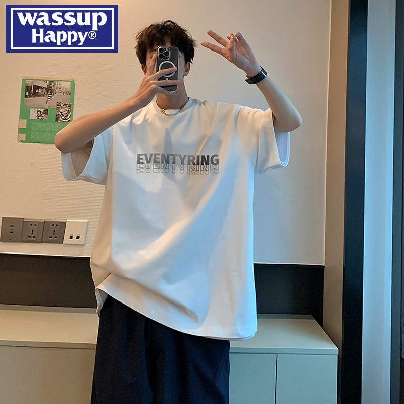 wassup happy个性字母印花短袖T恤男士夏季宽松简约白t休闲上衣服