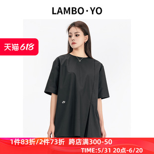 LAMBOYO夏季T恤设计师新款圆领套头短袖衬衫开叉别致宽松上衣女