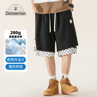 DORAEMON/哆啦A梦假两件重磅短裤男款夏季潮牌宽松休闲五分中裤子