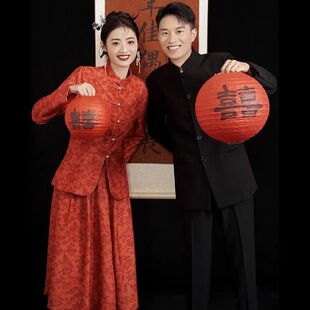 新中式订婚礼裙长袖2023早秋新娘结婚旗袍红色套装敬酒礼服高级感