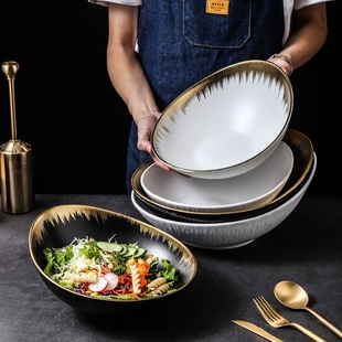 沙拉斜口碗商用餐具陶瓷金边大号斜口调料碗火锅自助餐凉菜展示碗