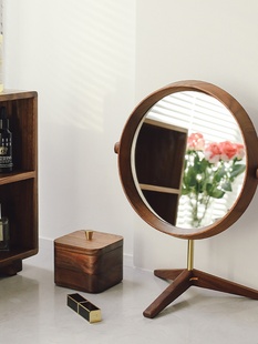 黑胡桃木化妆镜实木圆形家用梳妆镜实木桌面公主镜卧室梳妆台镜子