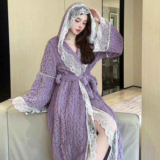 法式蕾丝睡袍女秋冬季珊瑚绒长款性感系带高级感浴袍睡裙公主新款