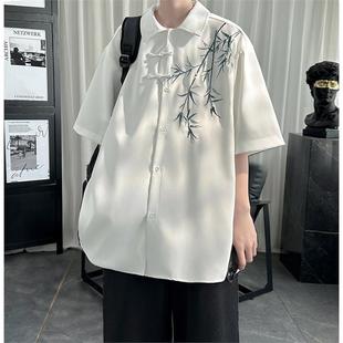 新中式国风竹子刺绣衬衫男士短袖夏季感垂感衬衣国潮盘扣外套