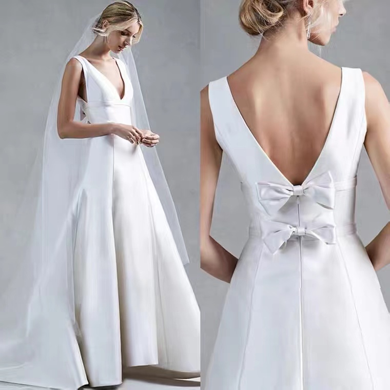缎面婚纱2021新款新娘气质显瘦拖尾小个子法式轻主婚纱出门纱夏季