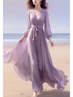 茶歇法式别致绝美紫色雪纺连衣裙海边度假风超好看收腰仙女裙春夏