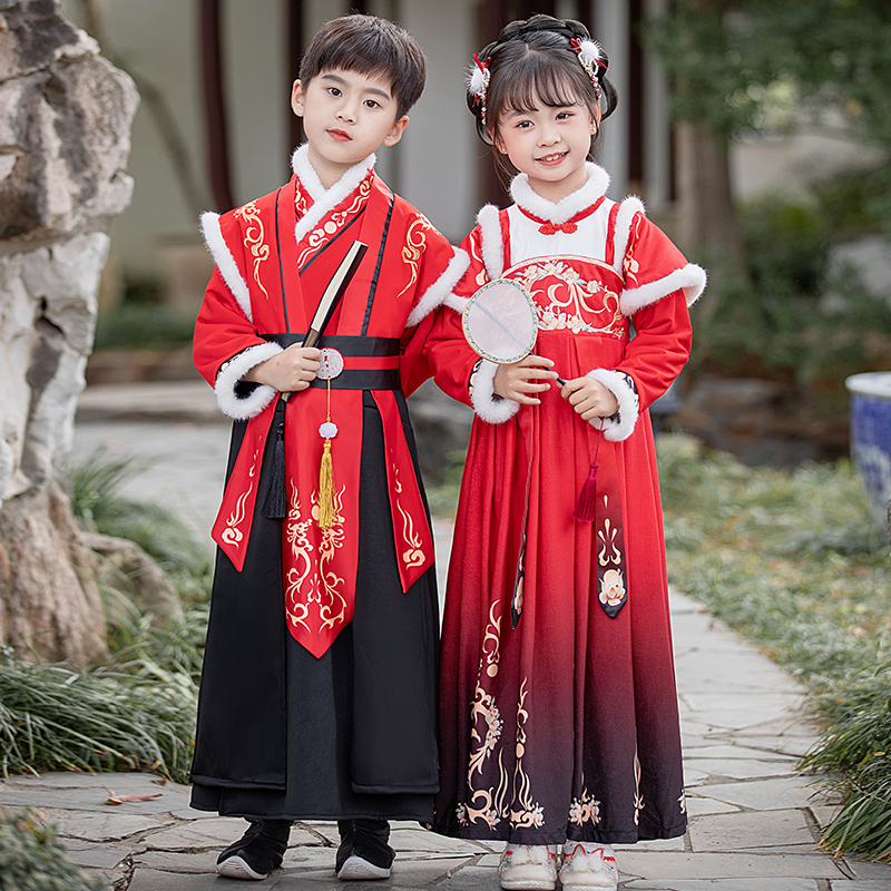 汉服女童拜年服男童冬季加厚加绒唐装中国风过年衣服儿童宝宝古装