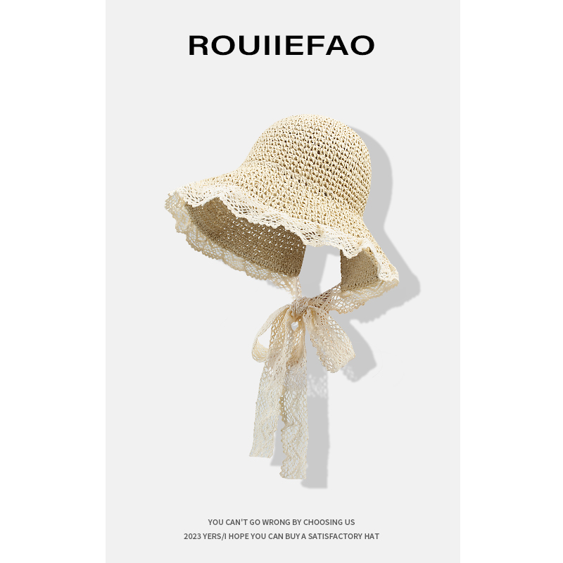 ROUIIEFAO可爱萝莉蕾丝系带草帽女夏季海边度假沙滩防晒遮阳帽子