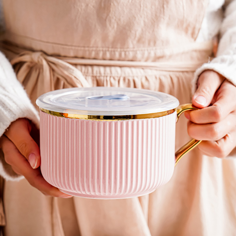 北欧泡面碗带盖陶瓷酸奶碗学生宿舍燕麦早餐杯带手柄沙拉碗大容量