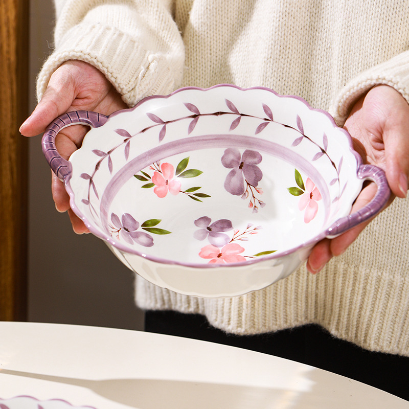 ins风双耳碗陶瓷汤碗高级感水果沙拉碗釉下彩泡面碗盘子家用餐具
