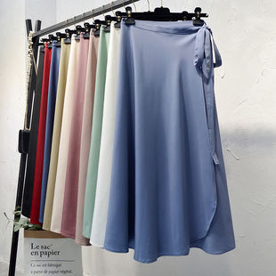 纯色高腰雪纺韩版系带一片式半身裙新款中长款2023a字沙滩裹裙子