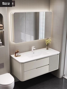 奶油风圆角浴室柜组合橡木卫生间智能洗漱洗手脸台岩板一