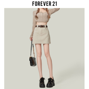 Forever21美式杏色牛仔裙女高腰A字裙辣妹防走光半身裙包臀短裙子