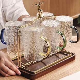锤纹玻璃杯家用耐高温水杯套装客厅待客茶杯带把家庭喝水杯子杯架