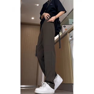 cleanfit韩版咖色西裤男款夏季青少年裤脚排扣裤子窄版垂感西装裤