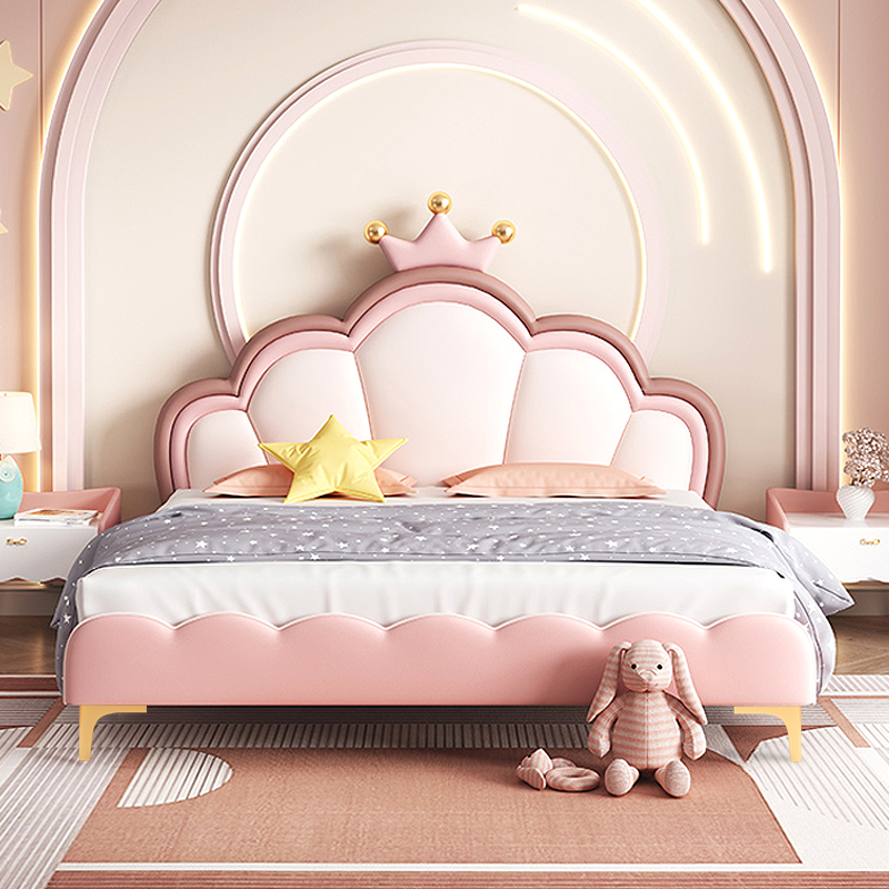 儿童床现代简约粉色公主床皇冠实木女孩小户型储物抽屉轻奢真皮床