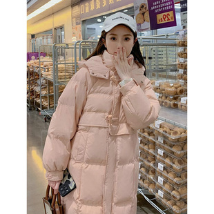 韩国中长款羽绒服女冬季新款设计感牛角扣粉色加厚保暖白鸭绒外套
