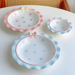 陶瓷甜品盘家用餐具沙拉碗手绘韩式ins水果盘8寸圆盘可爱蝴蝶结女