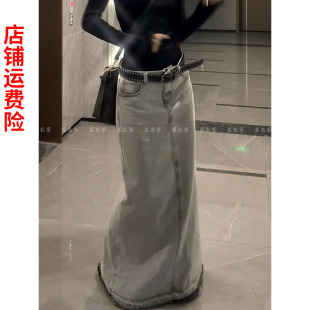 大码美式辣妹浅色半身裙开叉牛仔裙女夏季新款宽松显瘦包臀中长裙