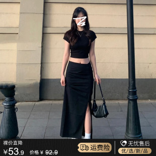 黑色工装半身裙梨形身材女2024夏季新中长款高腰开叉a字包臀裙子